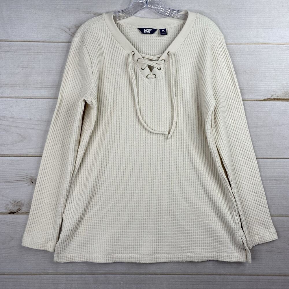 Lands' End Top Womens M Cream Pullover Thermal Waffle Knit Lace Up Medium Weight